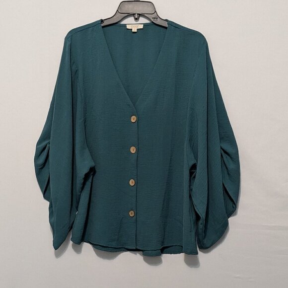 ODDY Teal Crepe Chiffon Button Blouse; Dolman Roll-Tab Sleeves; Size S - Picture 1 of 6